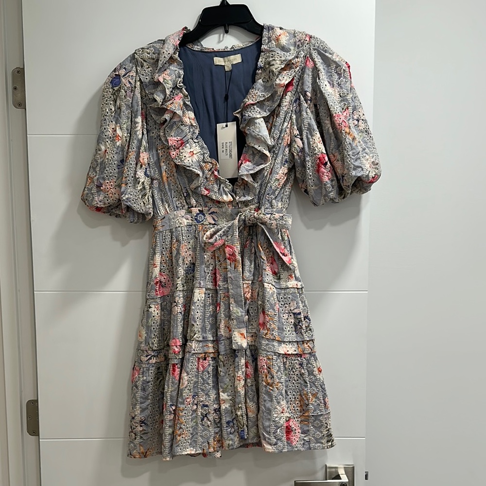 Dance & Marvel Puff Sleeve Tie Waist Tiered Fit Flare Dress